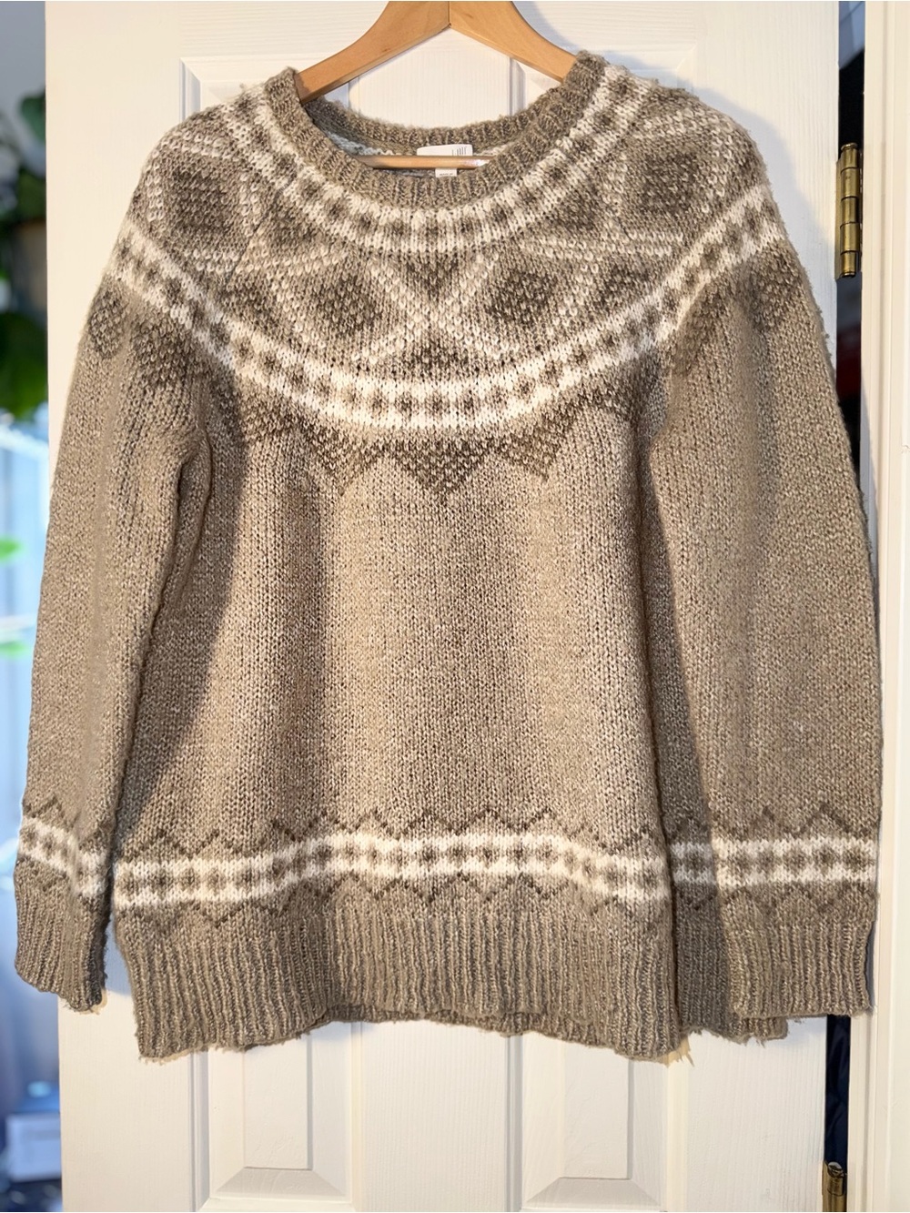 J.Jill Fair Isle Nordic Wool Blend Sweater Medium Taupe Cream Chunky Knit